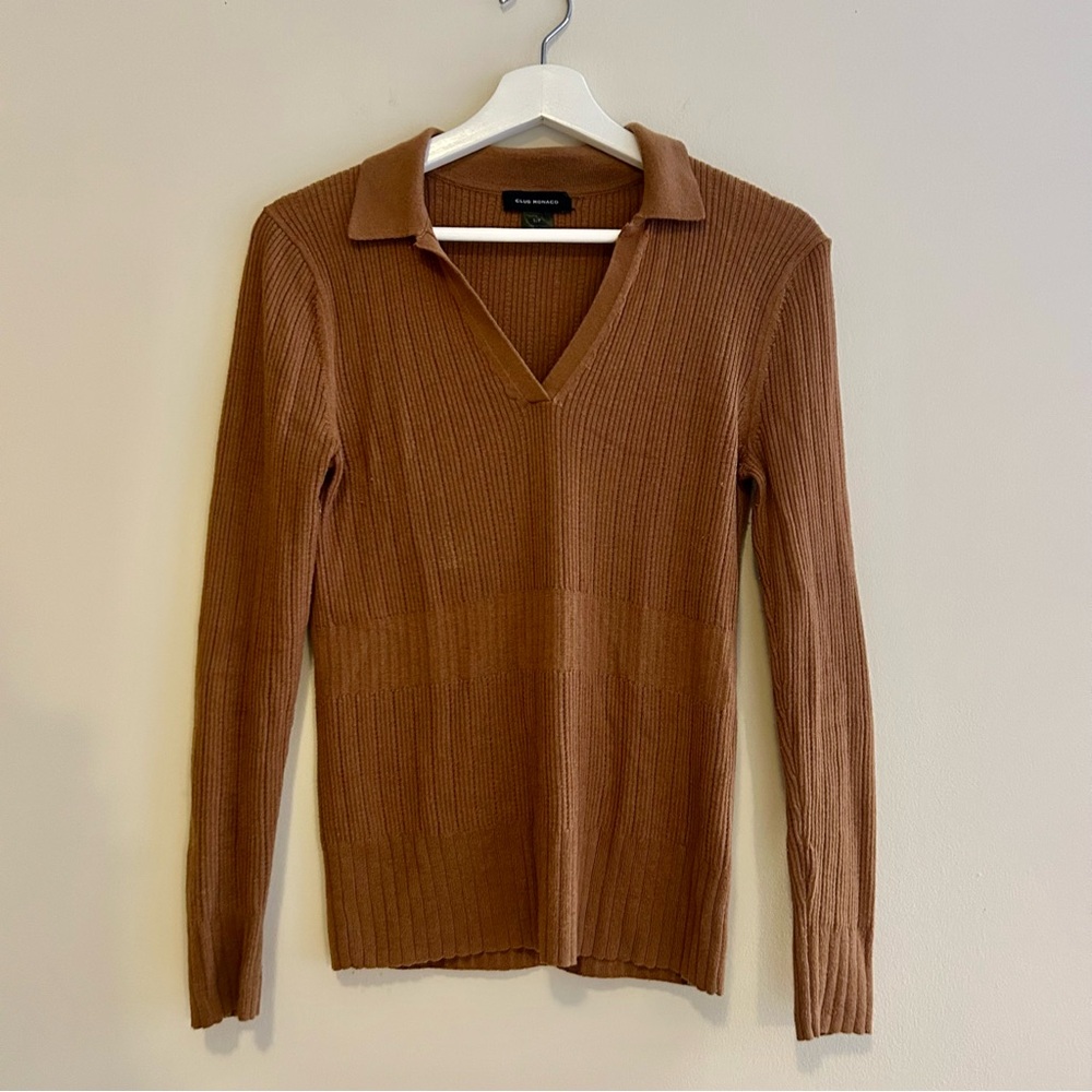 Club Monaco Sweater Brown Tan Camel Ribbed Knit Everywear Johnny Collar Small